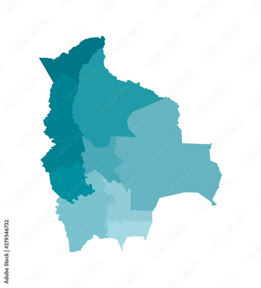 Vector isolated illustration of simplified administrative map of Bolivia. Borders of the departments (regions). Colorful blue khaki silhouettes