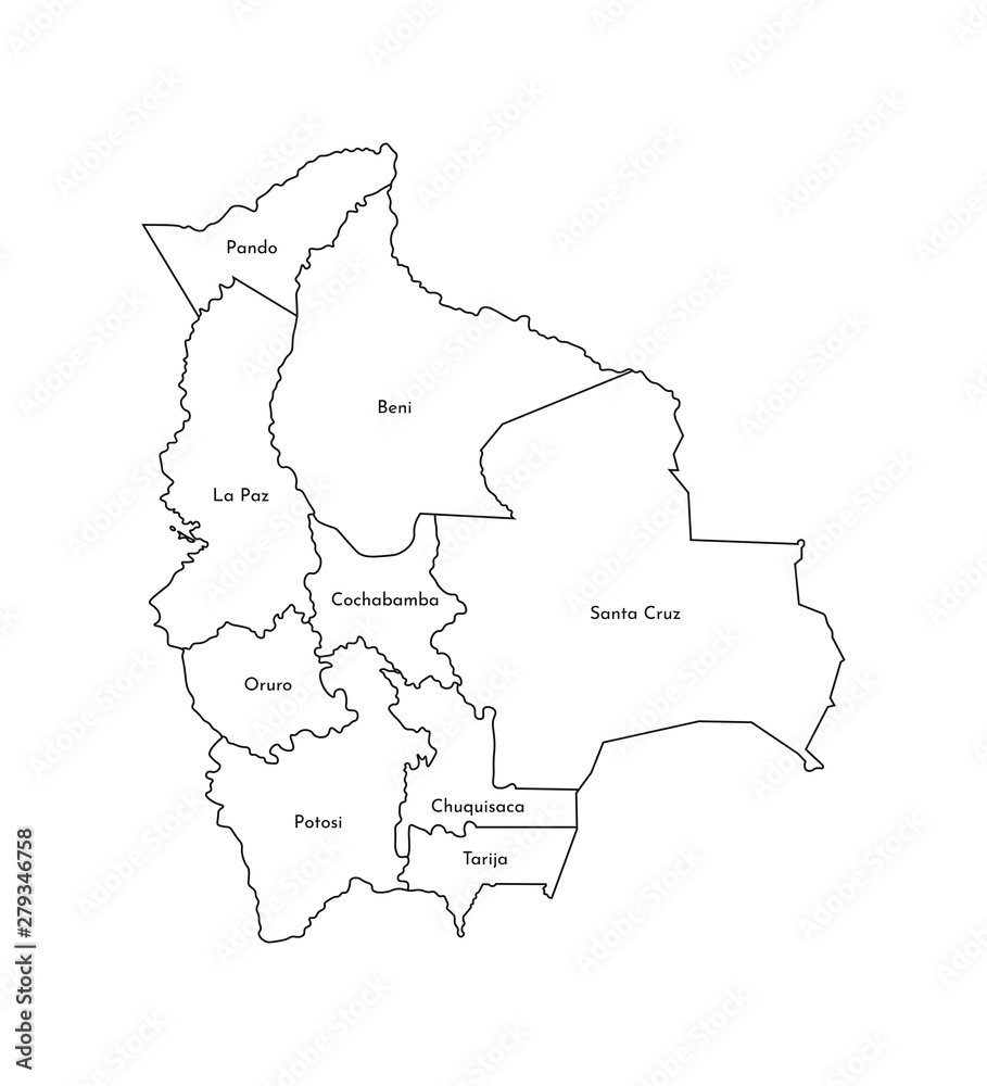 Vector isolated illustration of simplified administrative map of Bolivia. Borders and names of the departments (regions). Black line silhouettes