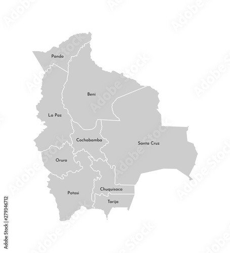 Vector isolated illustration of simplified administrative map of Bolivia. Borders and names of the departments (regions). Grey silhouettes. White outline