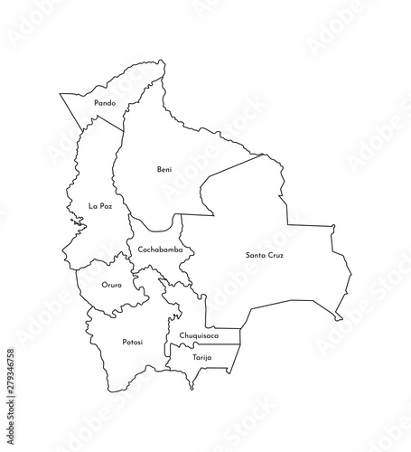 Vector isolated illustration of simplified administrative map of Bolivia. Borders and names of the departments (regions). Black line silhouettes