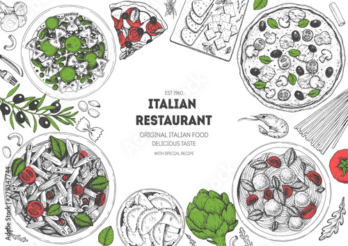 Italian food top view menu template. A set of Italian dishes with pasta and pizza. Food menu design template. Vintage hand drawn sketch vector illustration. Engraved image