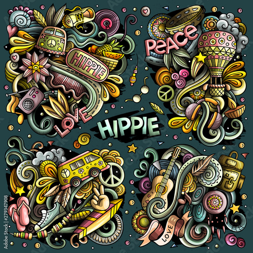 Colorful vector hand drawn doodles cartoon set of Hippie combinations