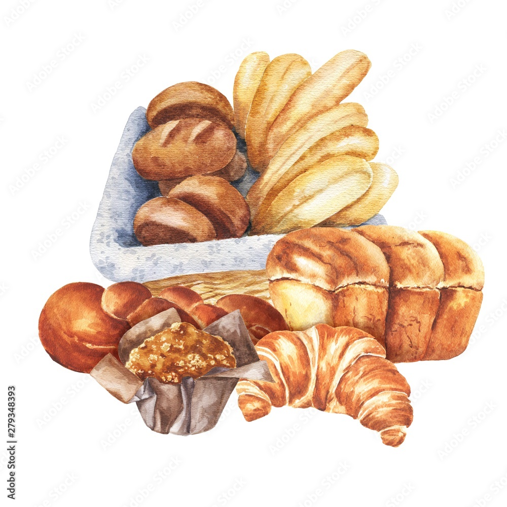 Watercolor bakery assortment, bread and pastry isolated on white ...
