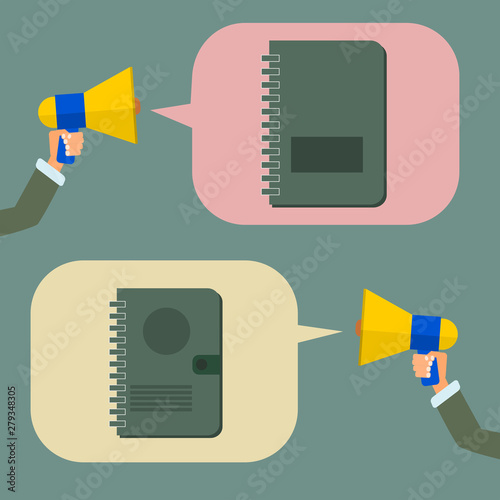 Hand holding a megaphone or bullhorn call a planner book, vector illustration.