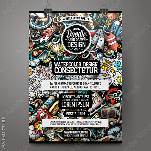 Sport doodles poster design. Activities sign board template.