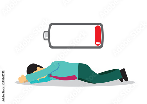 Exhausted business executive in suit with battery indicator to show his drained energy level.