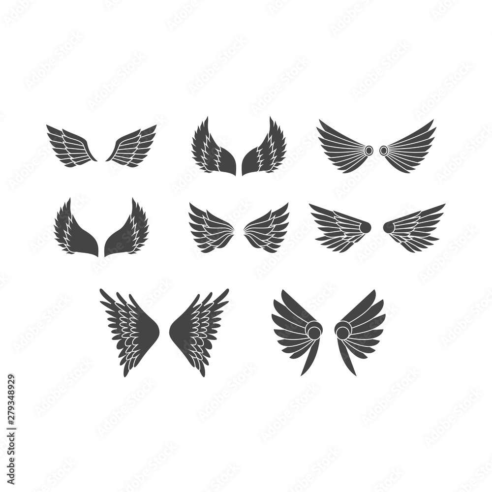 Set of heraldic wings or angel wings drawn black lines. illustration