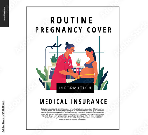 Medical insurance template -routine pregnancy cover -modern flat vector concept digital illustration of a pregnant woman at the obstetrician reception, tape measuring process, medical insurance plan