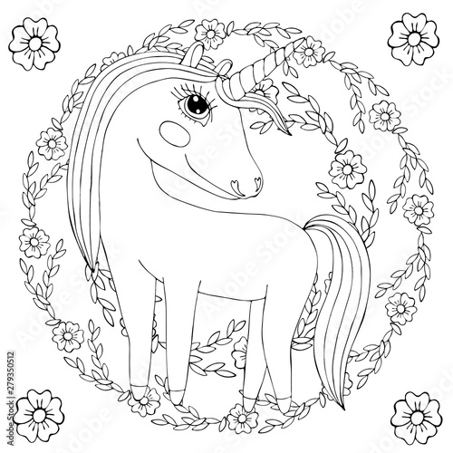 Black line Unicorn for coloring book or page