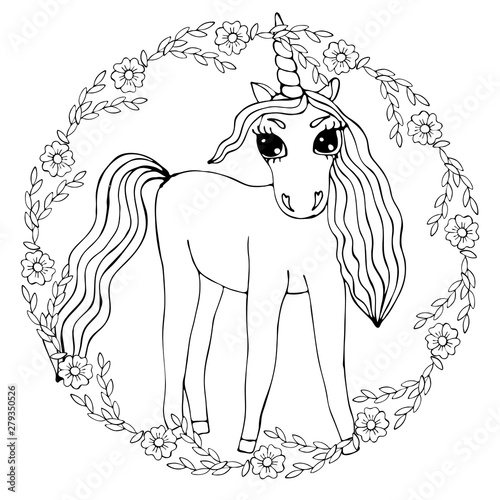 Black line Unicorn for coloring book or page