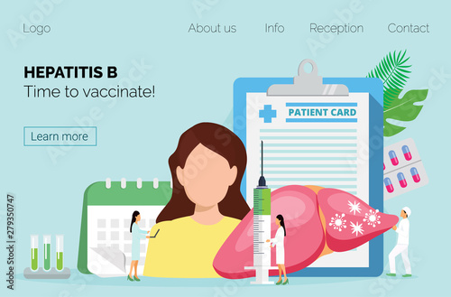Concept of cirrhosis, time to vaccinate against hepatitis b. Tiny doctors treat the liver. Blue medical background vector for website landing page, apps is presented. photo