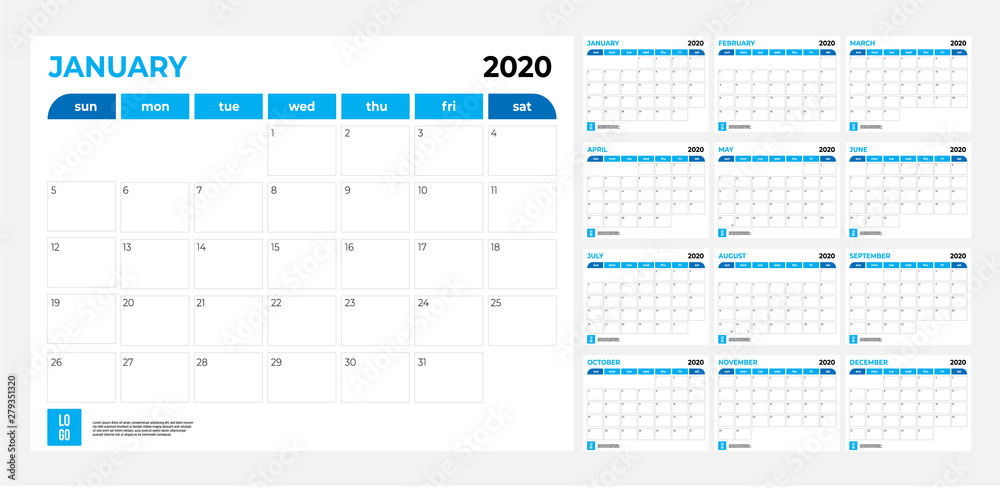 2020 Calendar - illustration. Template. Mock up 2020 Calendar - illustration. Template. Mock up