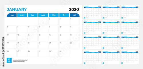 2020 Calendar - illustration. Template. Mock up
