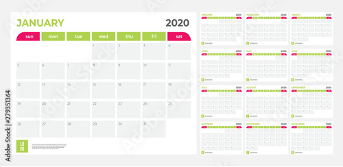2020 Calendar - illustration. Template. Mock up