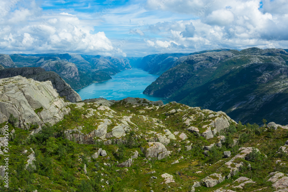 View of Lysefjord on the way to cliff Pulpit Rock (Preikestolen), Norway