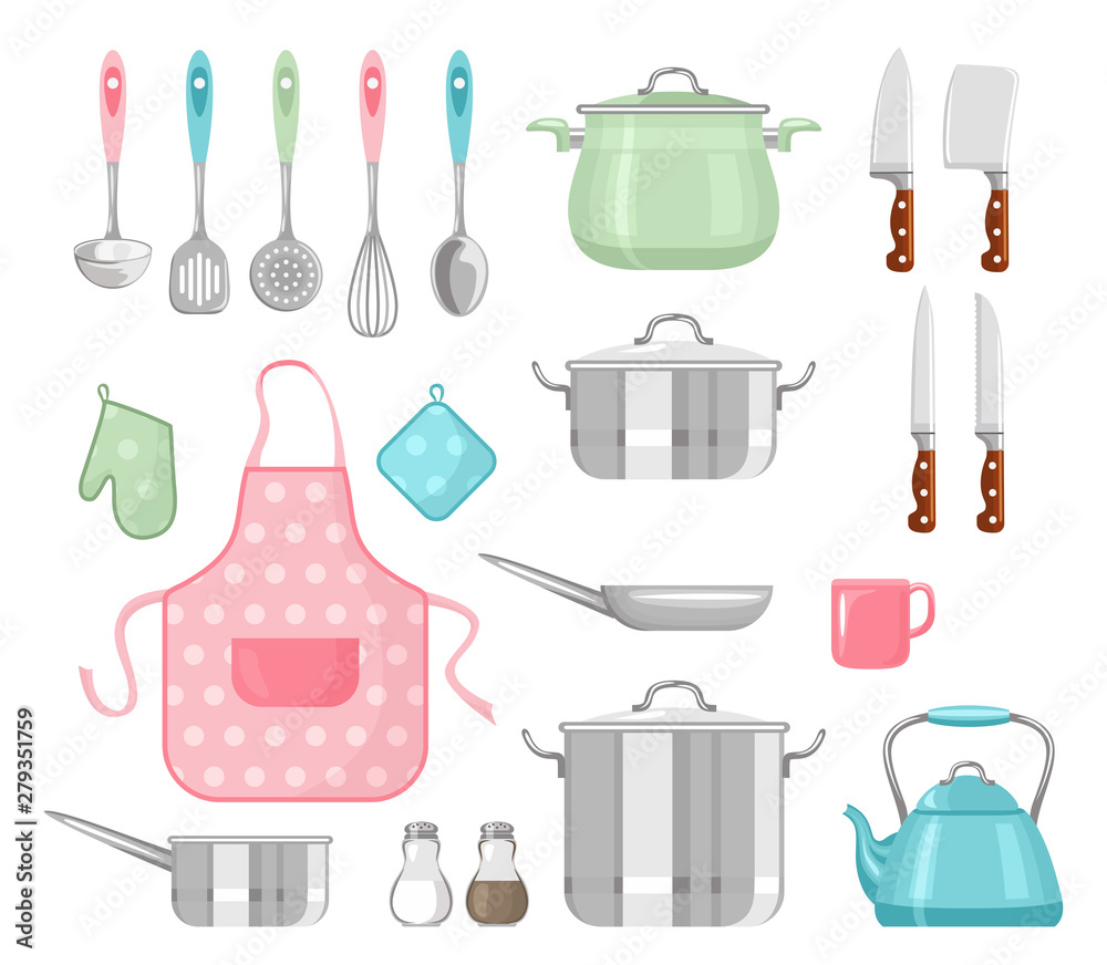 Set of kitchen utensils. Vector illustration of frying pan, saucepan,  apron, oven mitts, knife, spoon, spatula, teapot and cup isolated on white  background. Cooking Tools in cartoon simple flat style. Stock Vector |