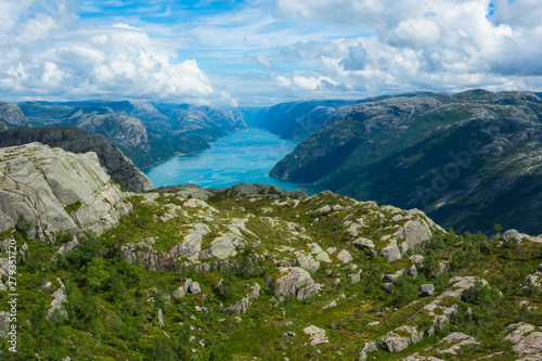 View of Lysefjord on the way to cliff Pulpit Rock (Preikestolen), Norway
