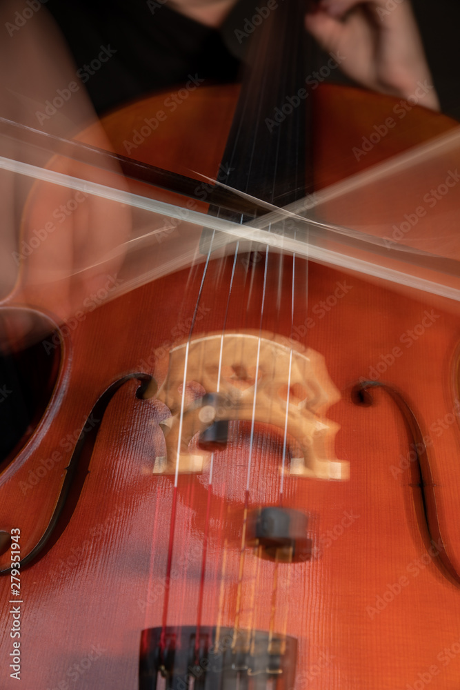 A young cellist practices intensely in this close up high resolution photo of strings, cello, and bow