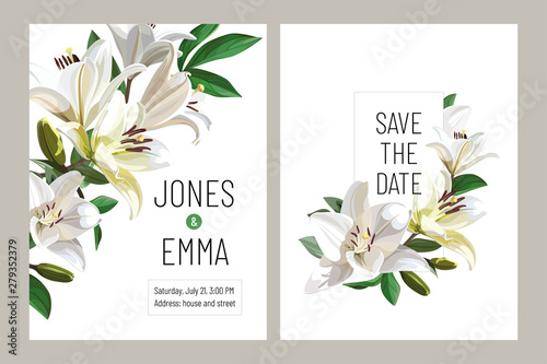 Floral wedding invitation card template design. Light Lilies on white background.