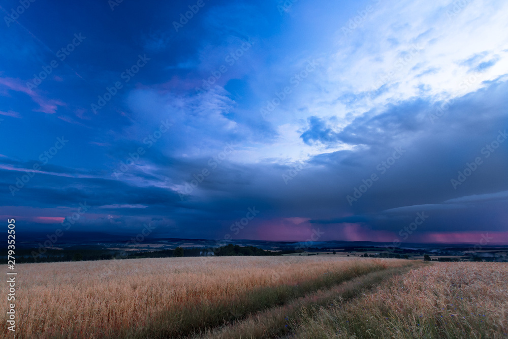 Storm coming in a big dark cloud over cereal fields at the late summer evening