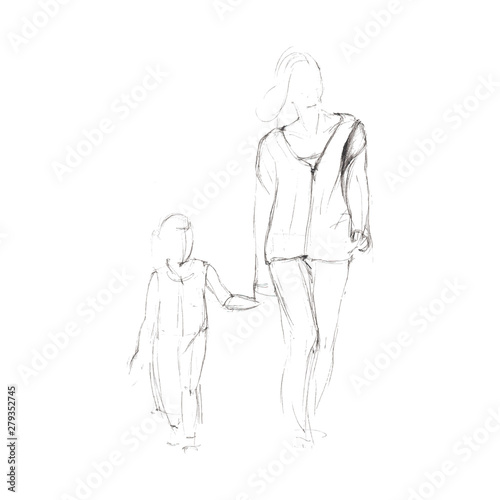 Outline pencil sketch of a young woman holding the hand of a small child.