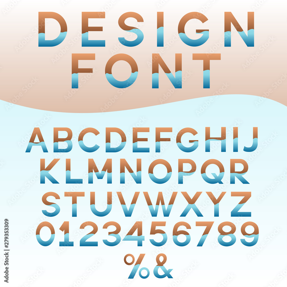 Modern design alphabet font, numbers and symbols. Combination of blue and brown. Vector illustration