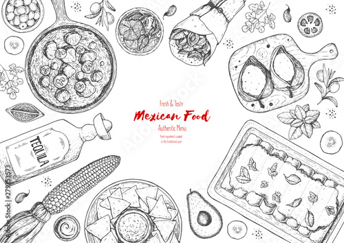 Mexican food top view frame. A set of classic mexican dishes with enchiladas, burrito, poblanos, nachos. Food menu design template. Vintage hand drawn sketch vector illustration. Mexican cuisine.