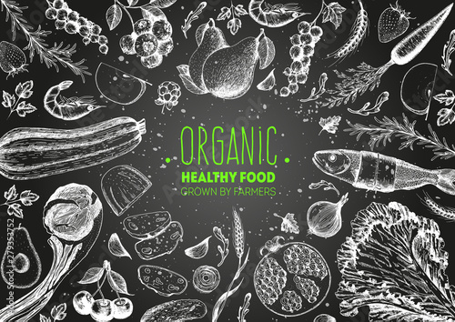 Healthy food frame vector illustration. Vegetables, fruits, meat hand drawn. Organic food set