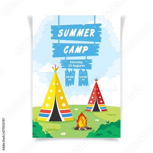 Summer camp colorful vertical vector advertisement poster template for printing and web. Two wigwam or teepee like tents and campfire in the meadow. Children outdoor scout summer activity.