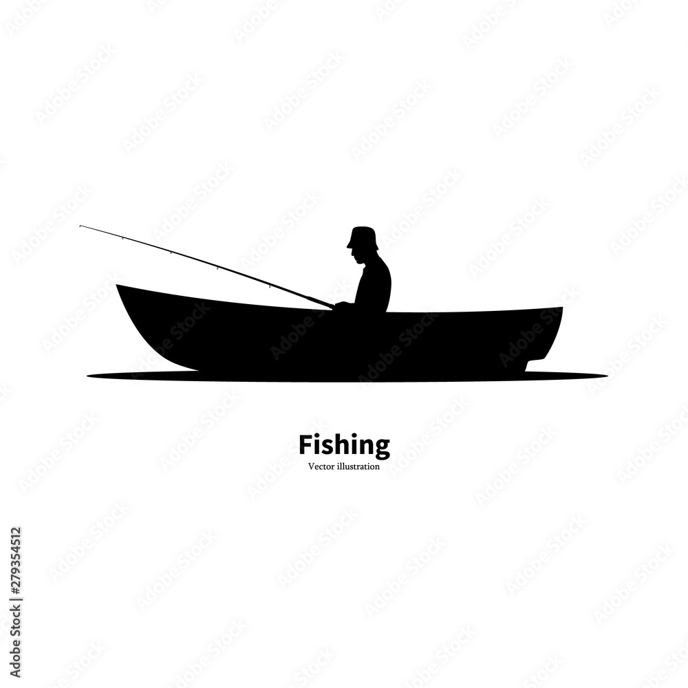 Black silhouette of a fisherman sitting in a boat