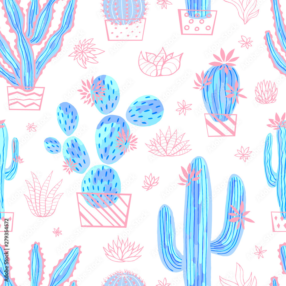 Cactus succulent wild seamless pattern flowers pastel color watercolor pink collections. Houseplant beautiful hand drawn vector illustration on white background.