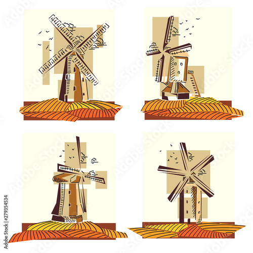 Set of color simple windmills badges.
