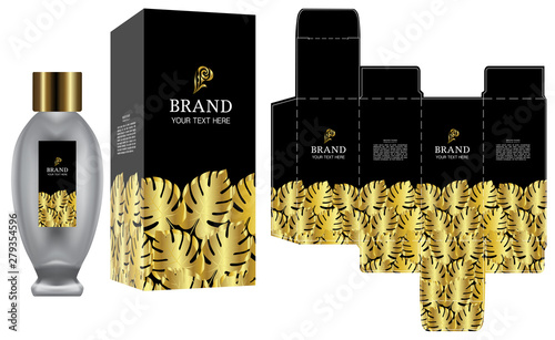 Packaging design, Label on perfume or cosmetic container with black and gold luxury box template and mockup box, illustration vector.	