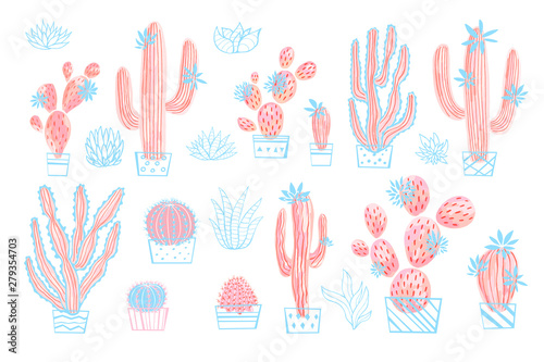 Cactus succulent wild set flowers pastel color watercolor pink collections. Houseplant beautiful set on white background. Hand drawn vector illustration. © Iraida Bearlala
