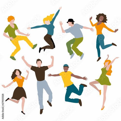 Young happy dancing people illustration in flat cartoon style. Smiling men and women enjoying dance and jump on white background.
