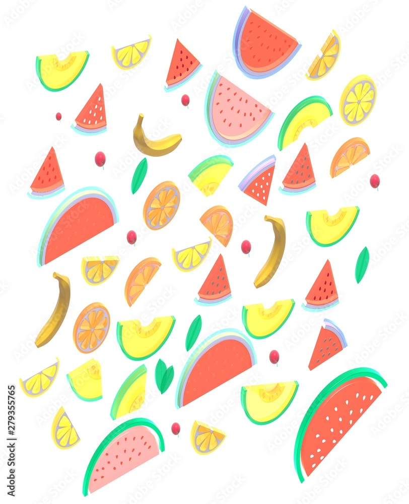 3d illustration of varied fruits in a dynamic composition with bright colors on white background