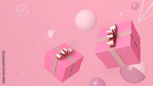 Gift box on light pink background with ribbon  bow and flying geometric objects - abstraction  greeting card. Present box for women s day birthday valentine s day  surprise- 3d render  illustration. 