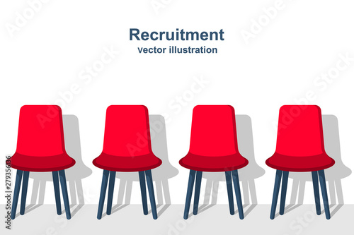 Recruitment concept. Row of chairs as a vacancy symbol. Job opportunity. Vector illustration flat design. Isolated on white background. Landing page career.