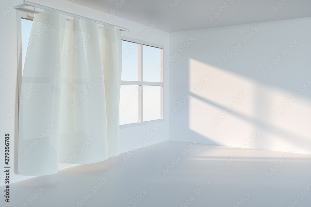 Fototapeta premium An empty room with sunshine come through the curtain, 3d rendering.