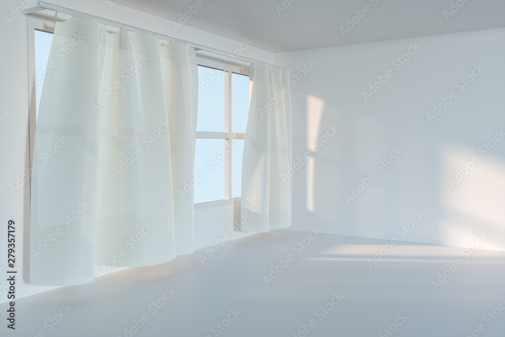 An empty room with sunshine come through the curtain, 3d rendering. An empty room with sunshine come through the curtain, 3d rendering.