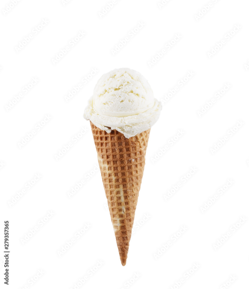 Vanilla ice cream scoop with cone isolated on white background Vanilla ice cream scoop with cone isolated on white background