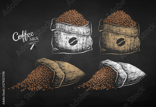Chalk drawn set of sacks with coffee beans