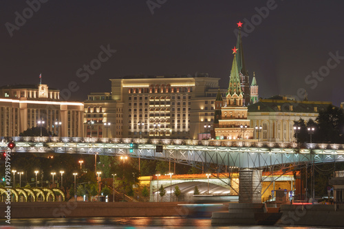 Long exposure image of Moscow cityscape. Image of Kremlin Towers, Moskva River, Patriarshy Bridge, State Duma in the summer night. High resolution photo.