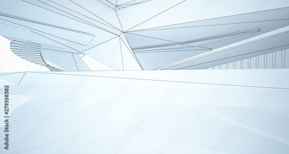 Drawing abstract architectural white interior of a minimalist house with large windows. 3D illustration and rendering. Drawing abstract architectural white interior of a minimalist house with large windows. 3D illustration and rendering.