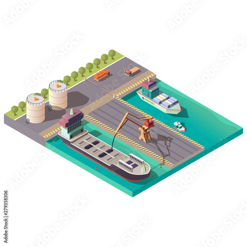 Isometric port, delivering petroleum or oil by sea. Crane pumping liquid cargo from tanker ship in quay, cistern trucks transporting containers with fuel, import or export. 3d vector illustration