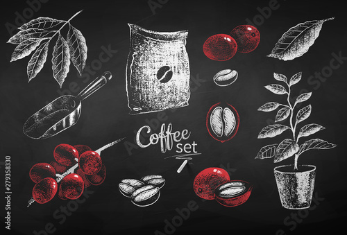 llustrations of coffee beans sack and leaves