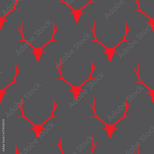 Seamless pattern deer head red silhouette on grey, vector eps 10