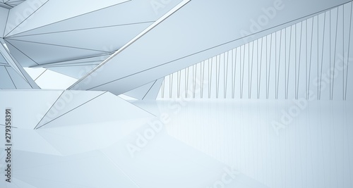 Drawing abstract architectural white interior of a minimalist house with large windows. 3D illustration and rendering.