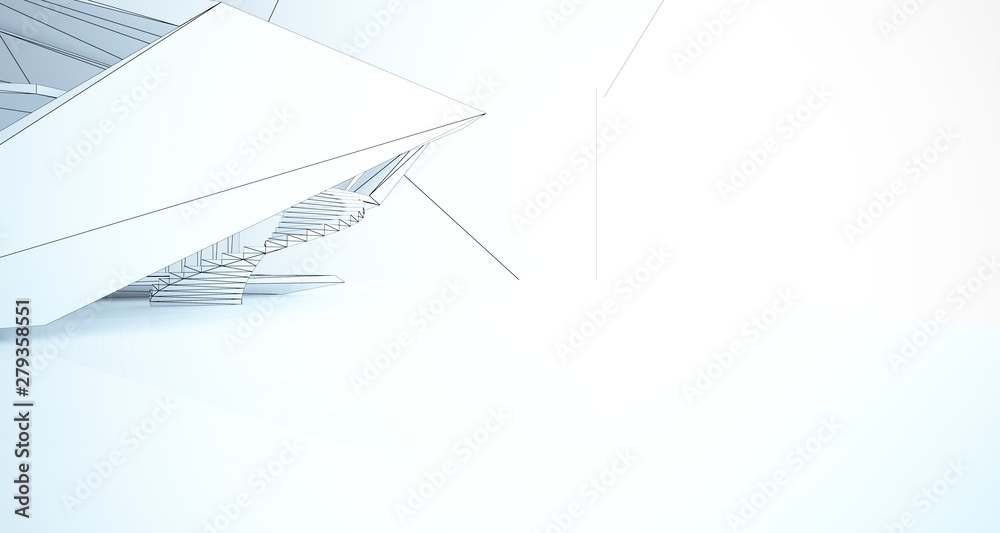 Drawing abstract architectural white interior of a minimalist house with large windows. 3D illustration and rendering.