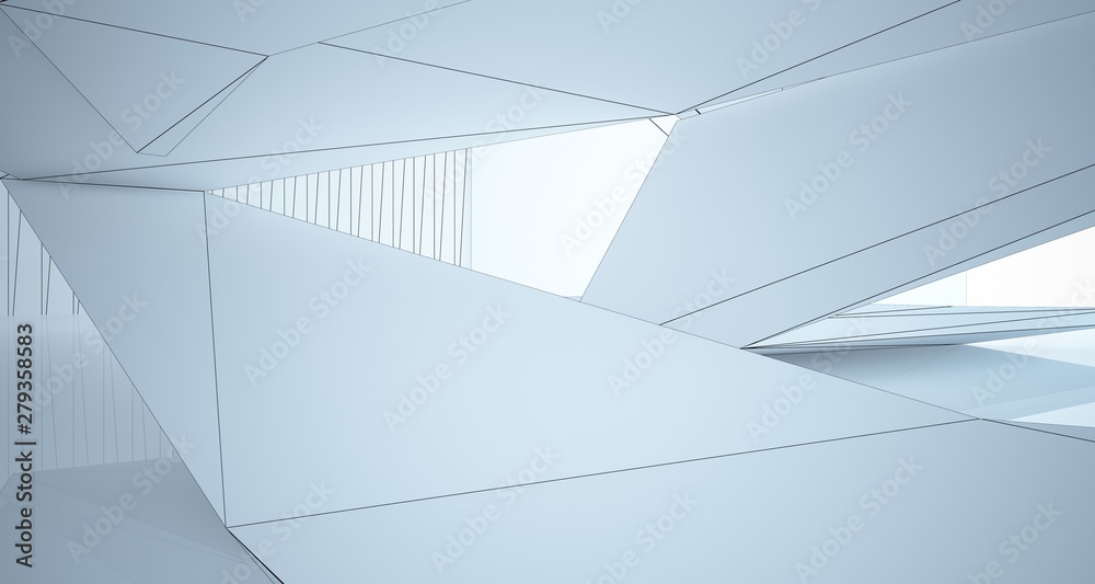 Obraz premium Drawing abstract architectural white interior of a minimalist house with large windows. 3D illustration and rendering.